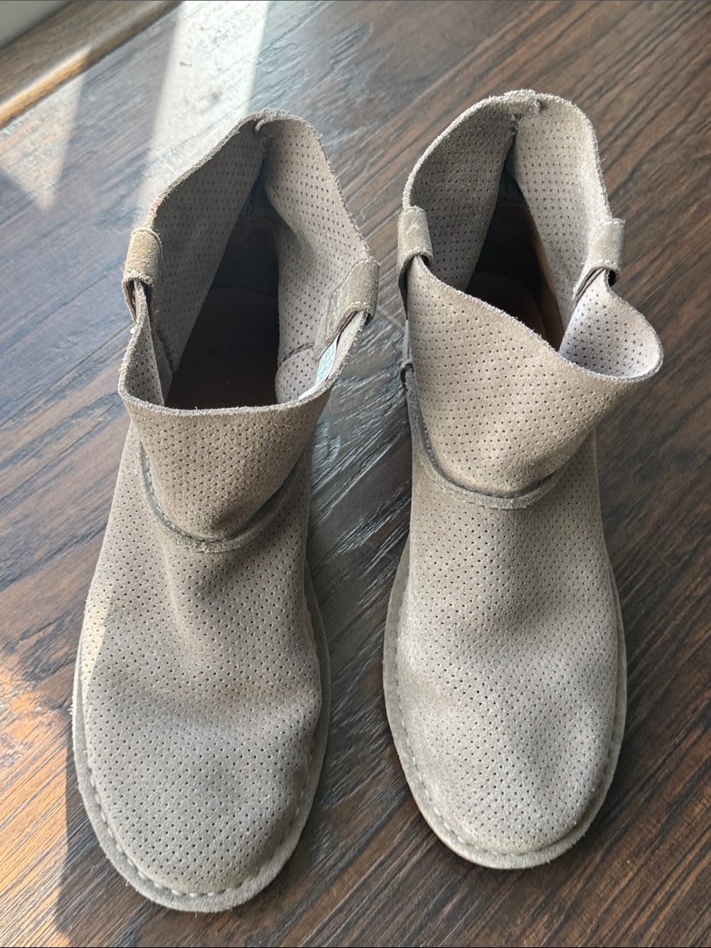 UGG Taupe Perforated Suede Ankle Booties - Slip-On Folded Collar
